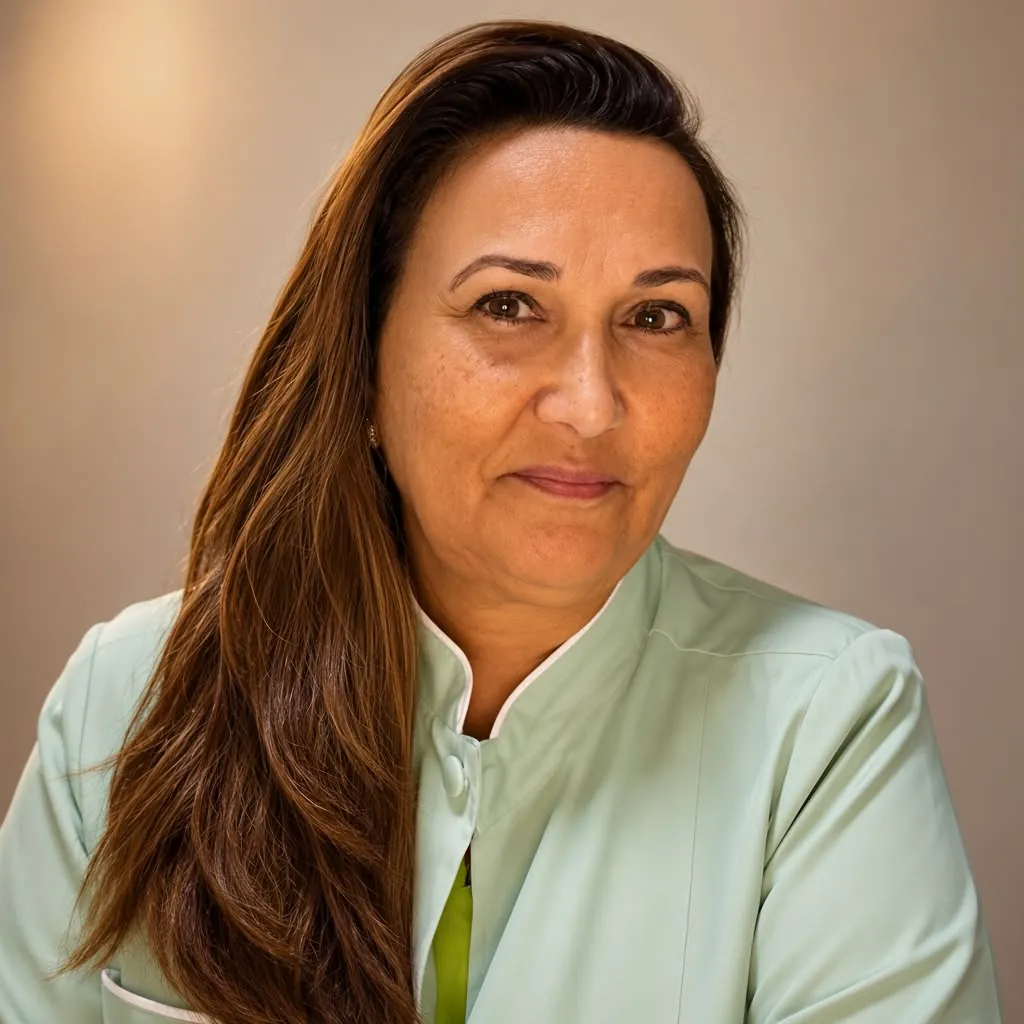 Retrato profissional da Dra. Cristiane Almeida com jaleco